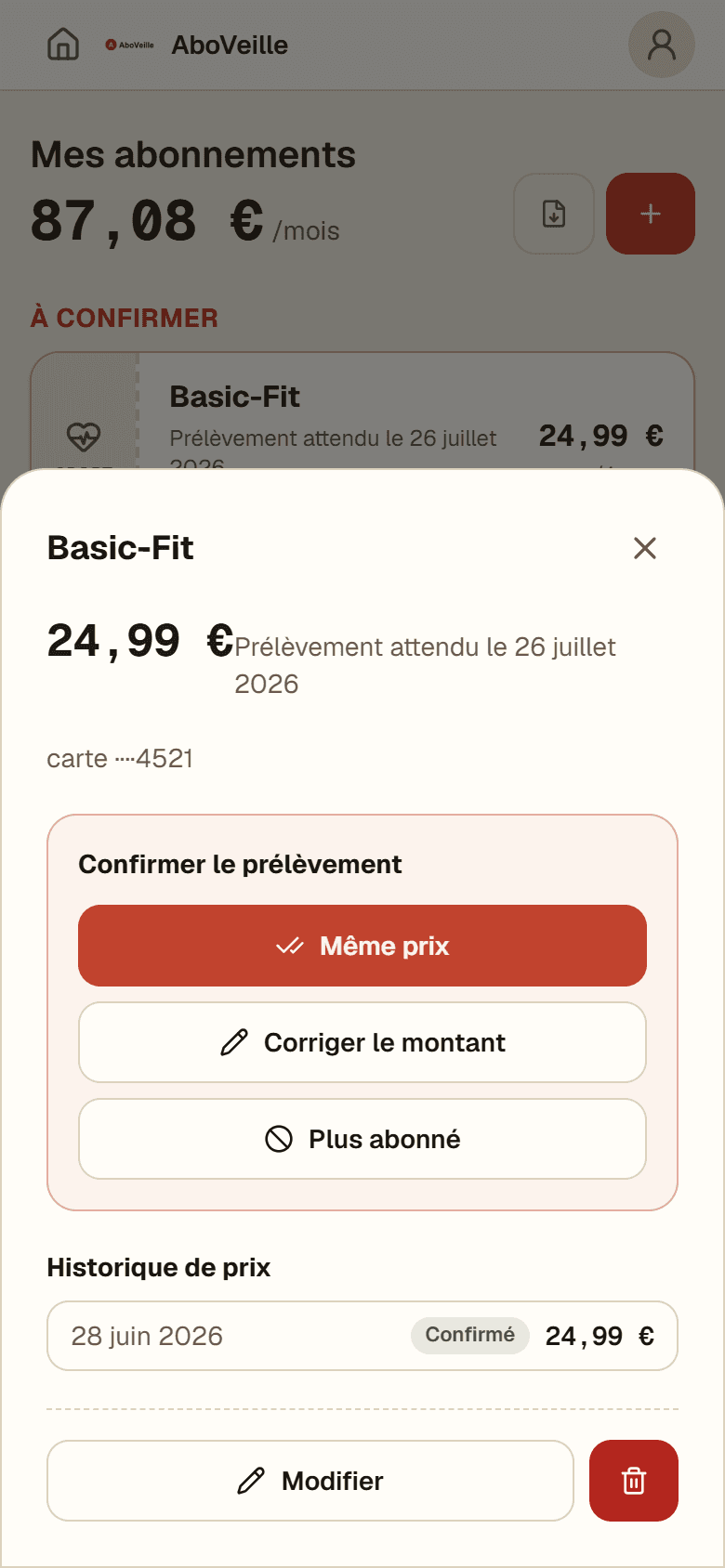 La confirmation d'un prélèvement dans AboVeille — capture réelle de l'application, données fictives de démonstration